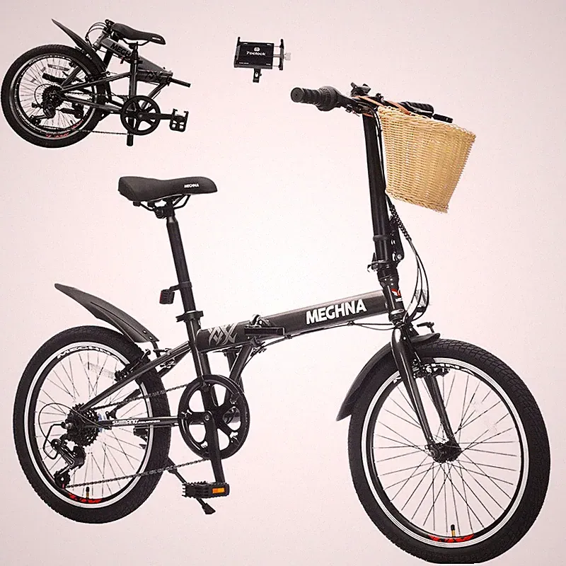 20in Folding Bike with Basket 6 Speed Dual V-Brake Portable Bicycle for Adults