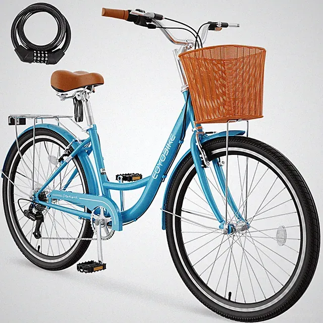EOYOBIKE Beach Cruiser Bike for Women, Bike with Ratten Basket and Rack 26 inch