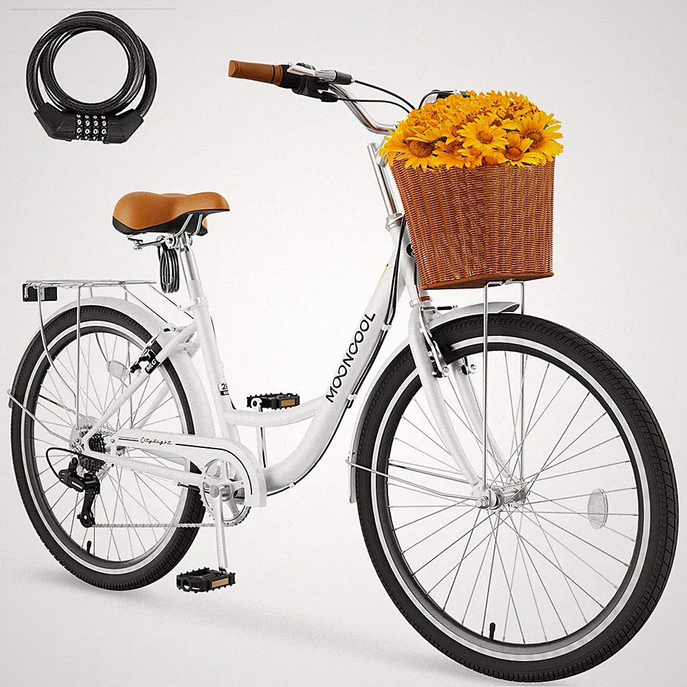MOONCOOL Women Bike 7 Speed Bicycle with Basket&Lock Beach Complete Cruiser Bike