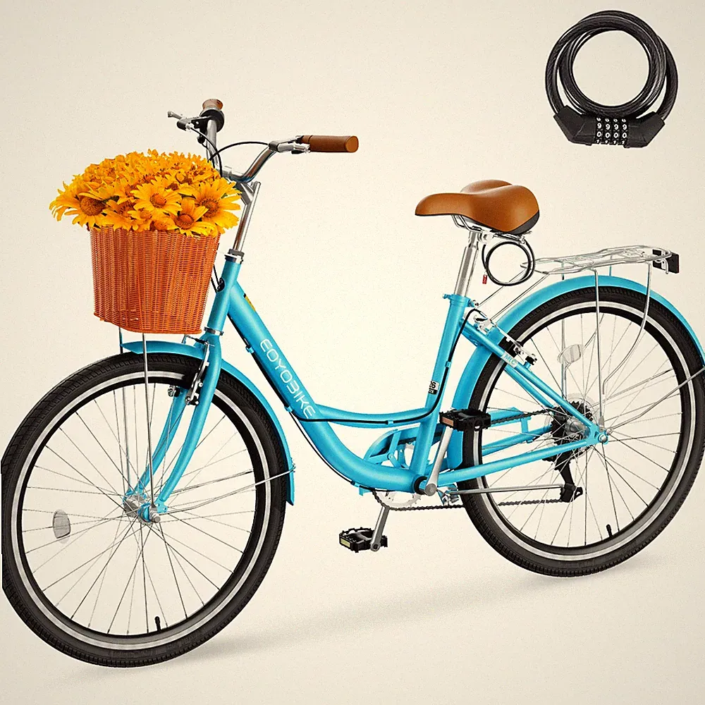NAIZEA Blue Bike 26 inch 7 Speed Bike for Adults Beach Cruiser Bike With Lock
