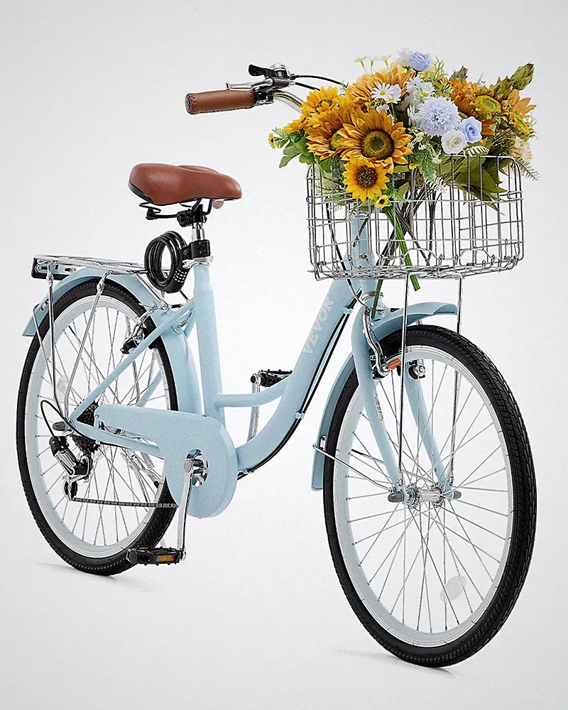 VEVOR Women's Cruiser Bike 26Inch 7 Speed Beach City Bicycle w/Basket Light Blue